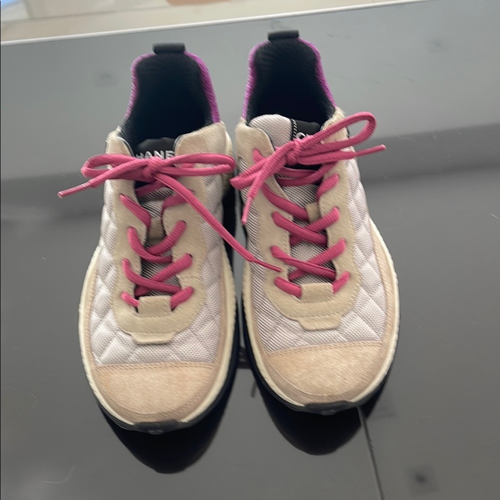 CHANEL Women's Beige and Pink Sneakers - Picture 1 of 15